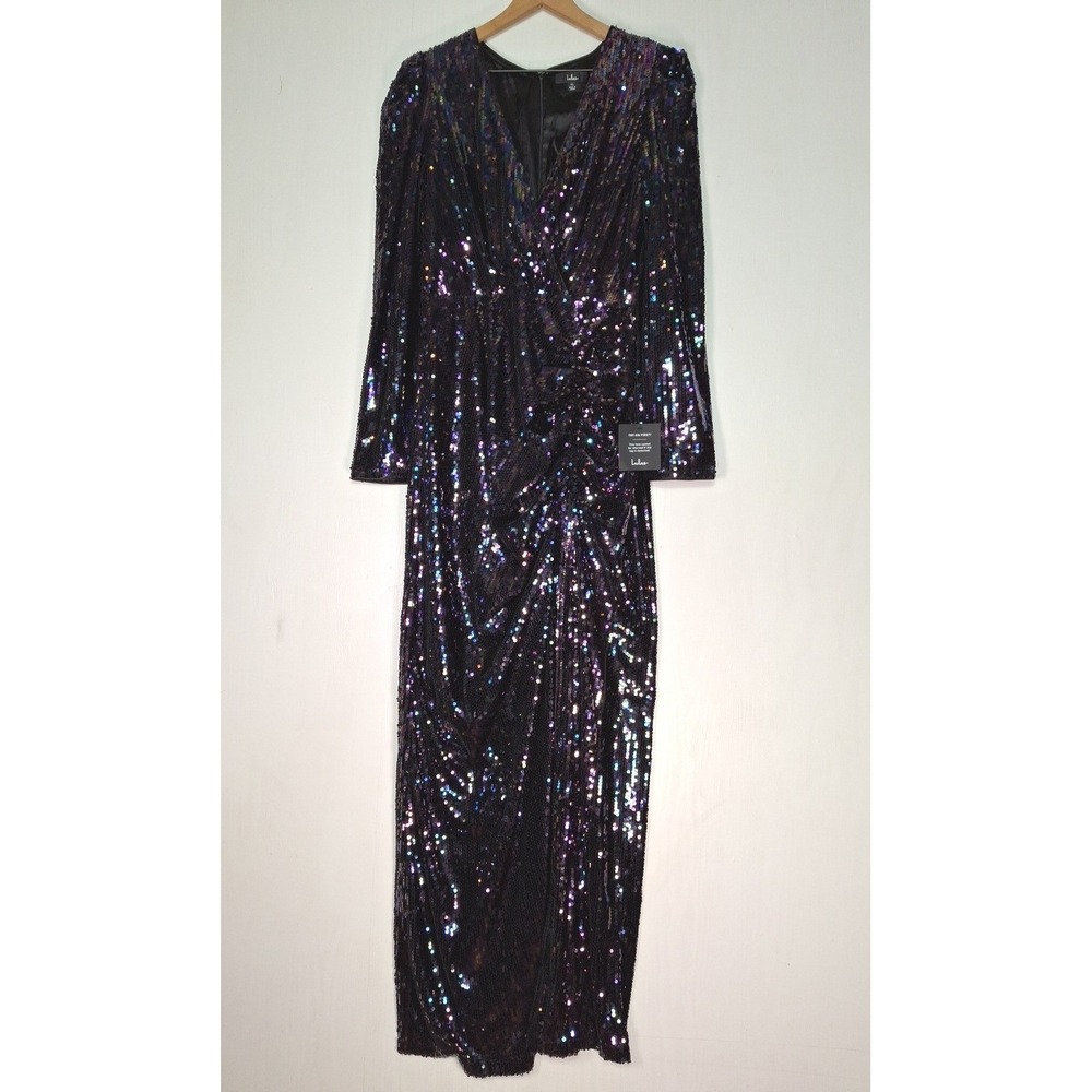 NWT Lulus Iridescent Purple Sequin Long Sleeve Maxi Dress XL Formal V-Neck